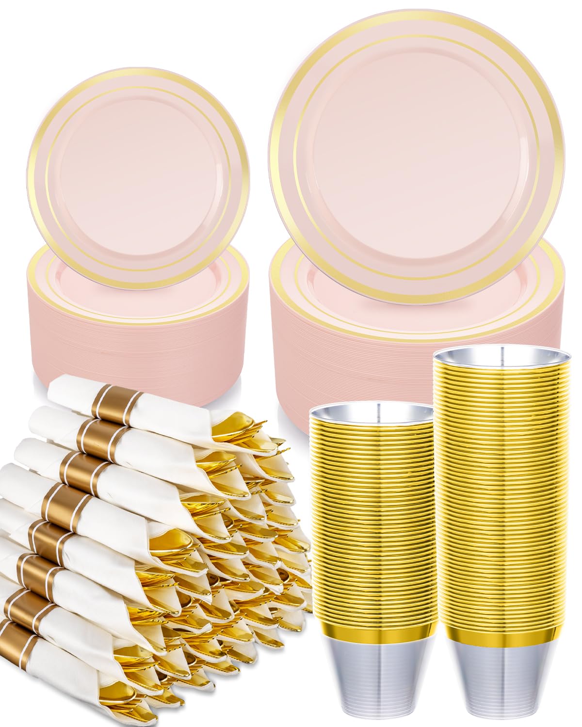 350PCS Gold Plastic Disposable Dinnerware Set, for 50 Guests, Include: 100 Plastic Plates, 50 Pre Rolled Napkins with Gold Silverware, 50 Cups