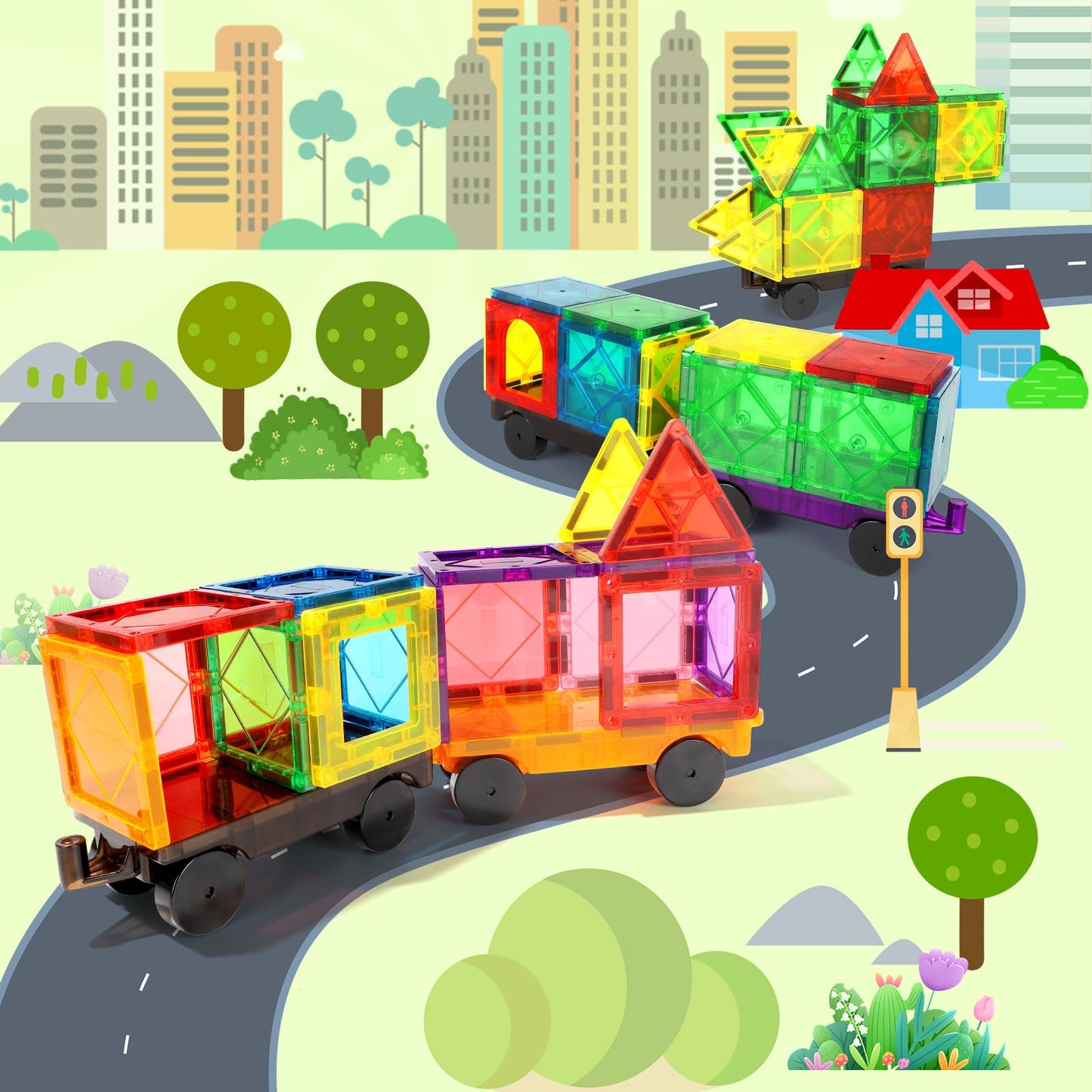 Magna Tiles Cars Construction Set - 4 PCS Magnetic Tiles Sensory Toys