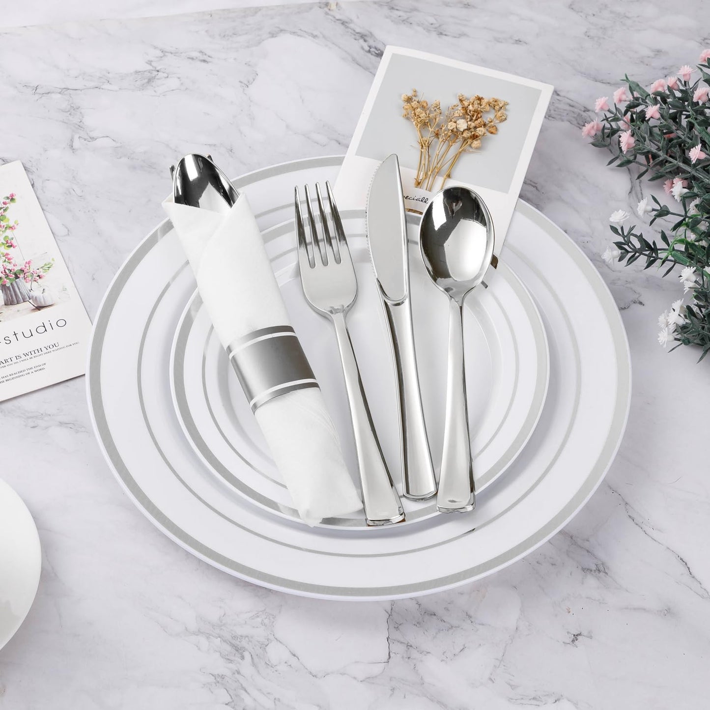 350PCS Gold Plastic Disposable Dinnerware Set, for 50 Guests, Include: 100 Plastic Plates, 50 Pre Rolled Napkins with Gold Silverware, 50 Cups