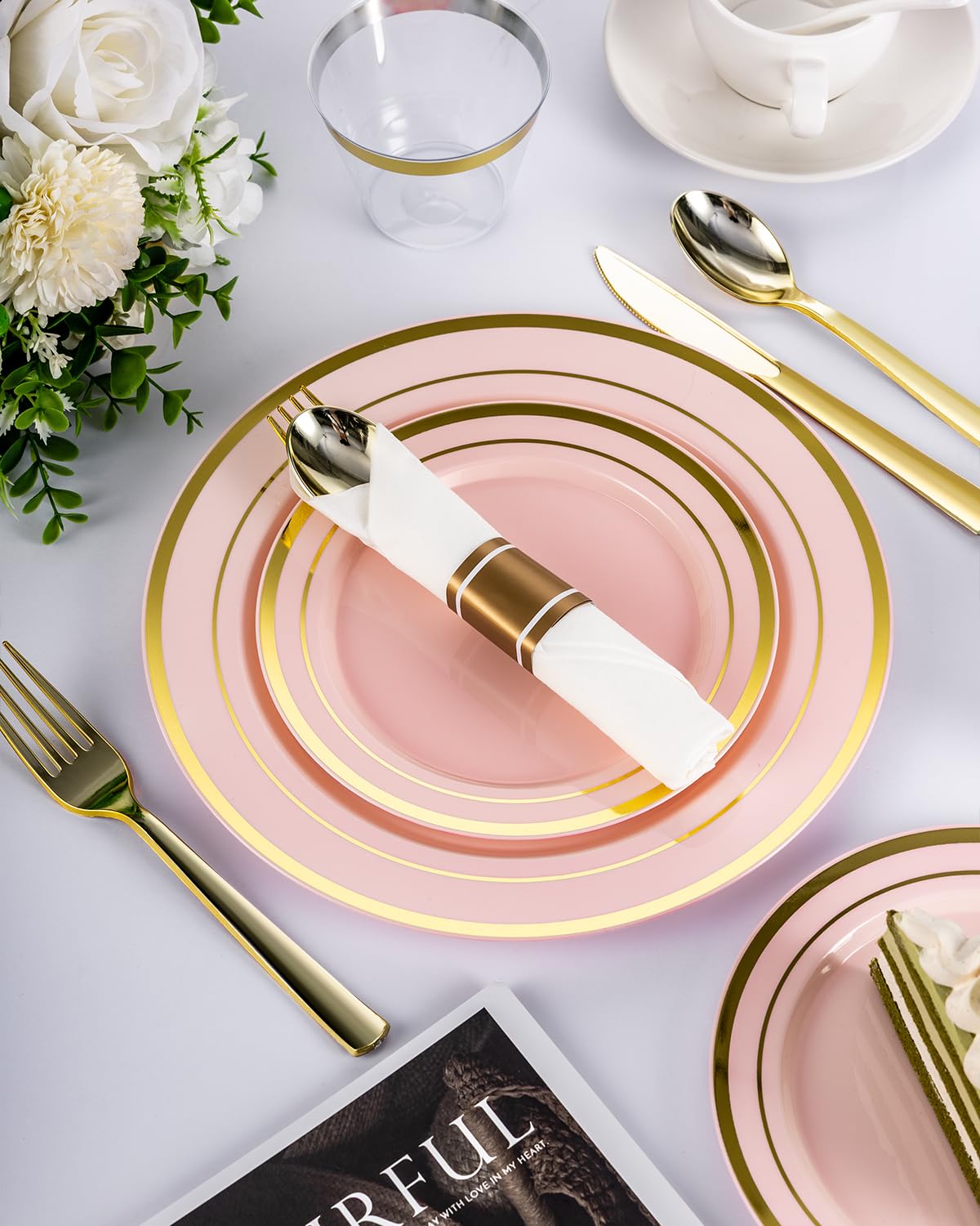 350PCS Gold Plastic Disposable Dinnerware Set, for 50 Guests, Include: 100 Plastic Plates, 50 Pre Rolled Napkins with Gold Silverware, 50 Cups