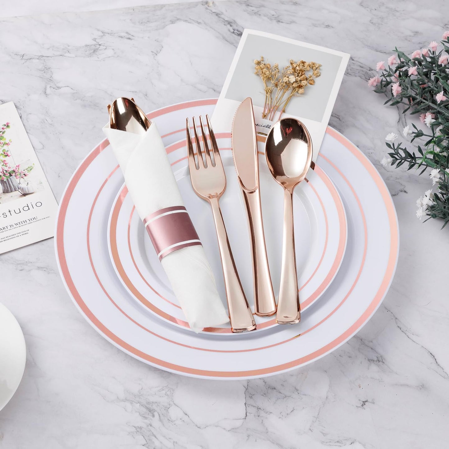350PCS Gold Plastic Disposable Dinnerware Set, for 50 Guests, Include: 100 Plastic Plates, 50 Pre Rolled Napkins with Gold Silverware, 50 Cups