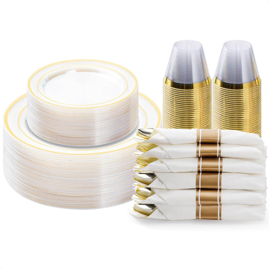 350PCS Gold Plastic Disposable Dinnerware Set, for 50 Guests, Include: 100 Plastic Plates, 50 Pre Rolled Napkins with Gold Silverware, 50 Cups