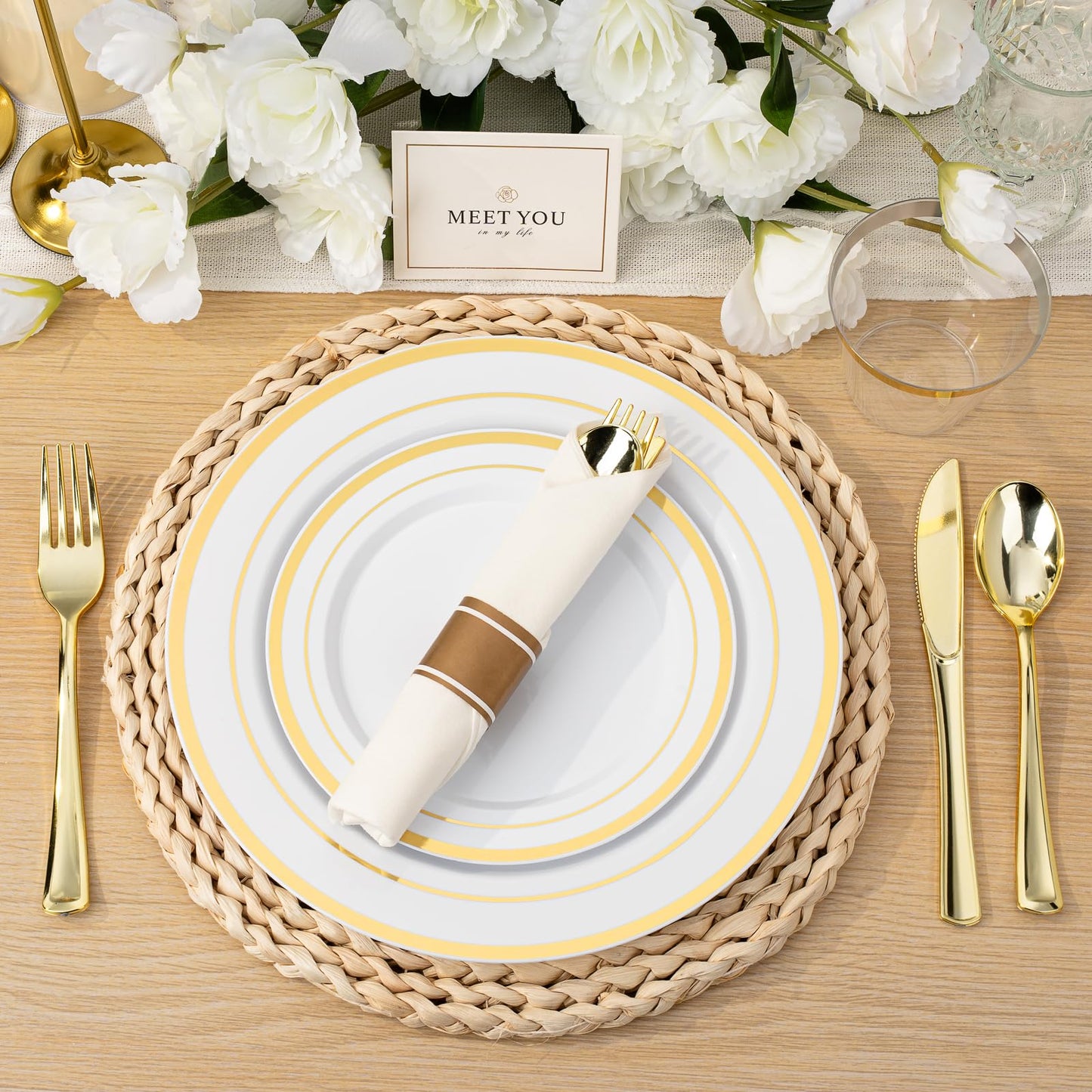 350PCS Gold Plastic Disposable Dinnerware Set, for 50 Guests, Include: 100 Plastic Plates, 50 Pre Rolled Napkins with Gold Silverware, 50 Cups