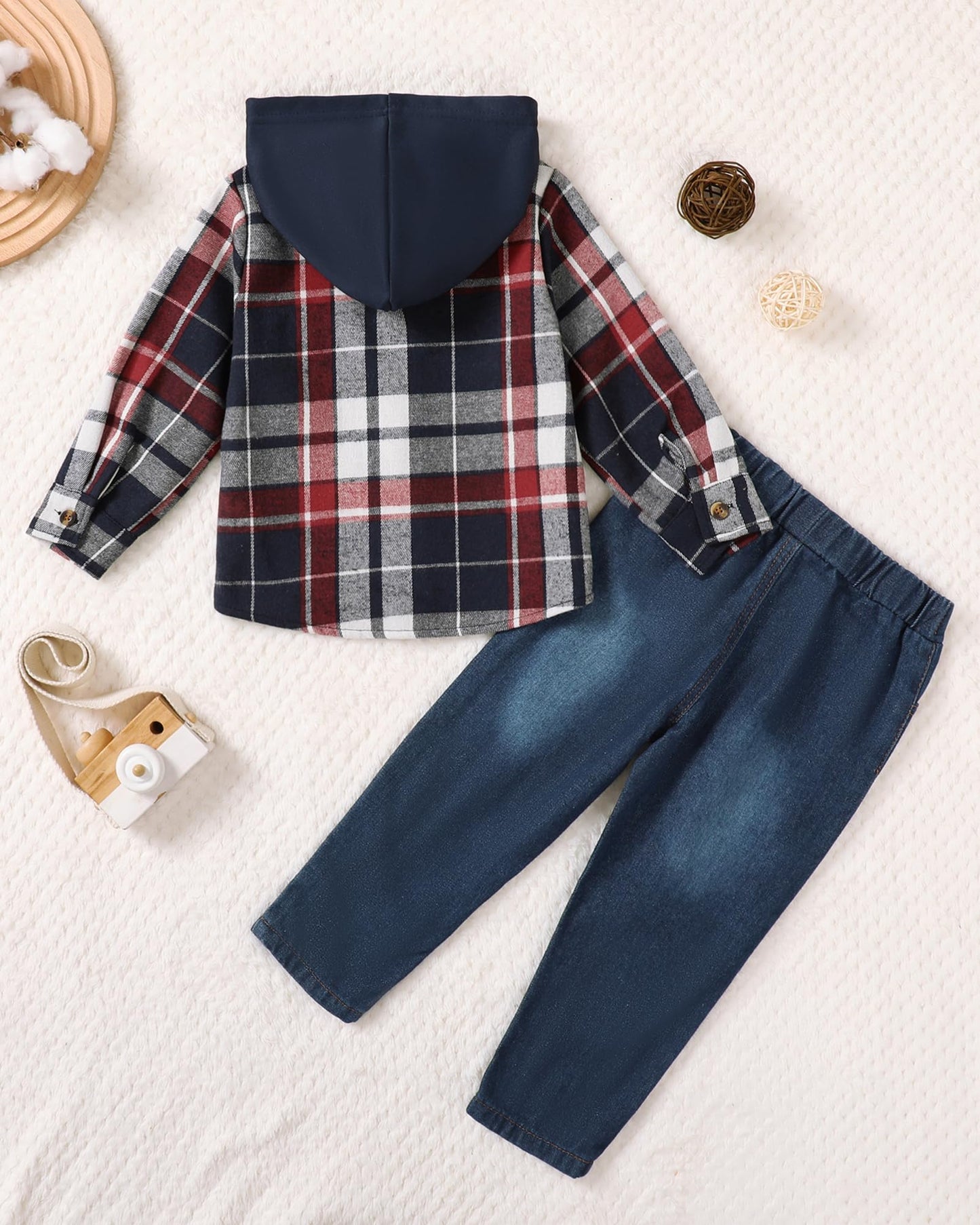 ZOEREA Toddler Baby Boys Clothes Outfits Kids Hoodie Flannel Shirts Set Plaid Hooded Tops +Jeans Pants Fall Winter 2-6T