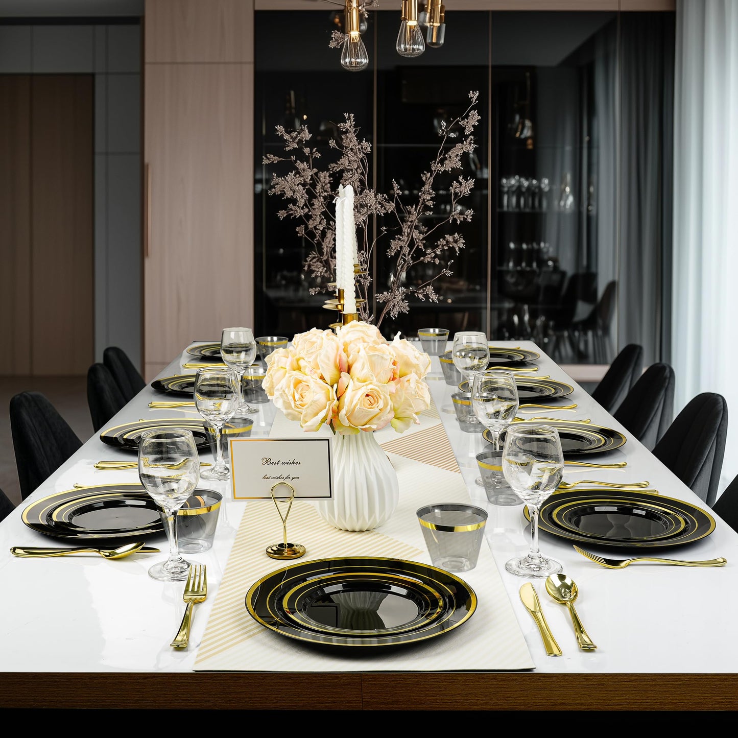 350PCS Gold Plastic Disposable Dinnerware Set, for 50 Guests, Include: 100 Plastic Plates, 50 Pre Rolled Napkins with Gold Silverware, 50 Cups