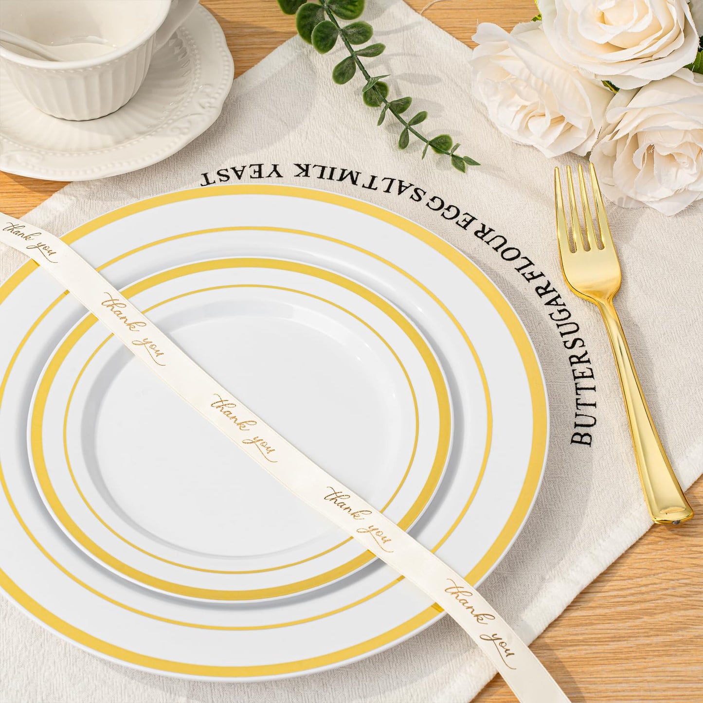 350PCS Gold Plastic Disposable Dinnerware Set, for 50 Guests, Include: 100 Plastic Plates, 50 Pre Rolled Napkins with Gold Silverware, 50 Cups