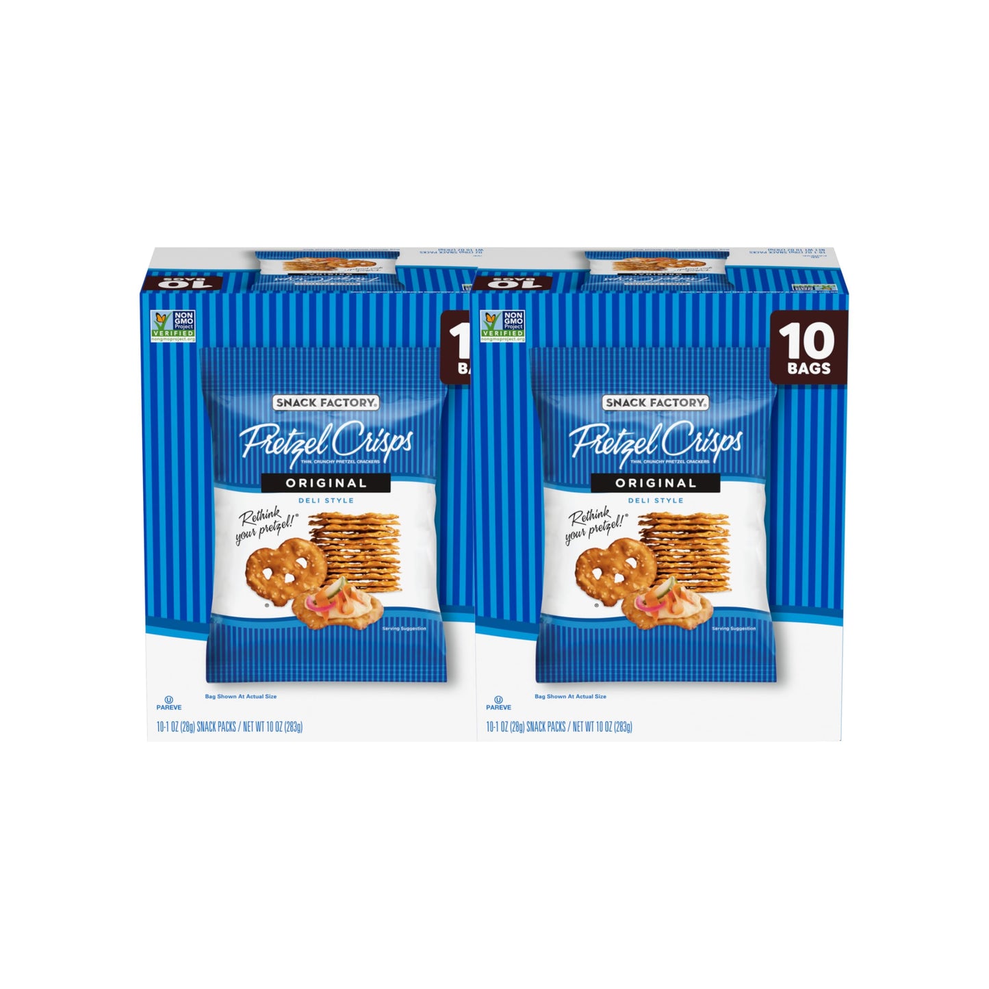 Snack Factory Pretzel Crisps, Original, 1 Oz Snack Bags, 10 Ct, Pareve
