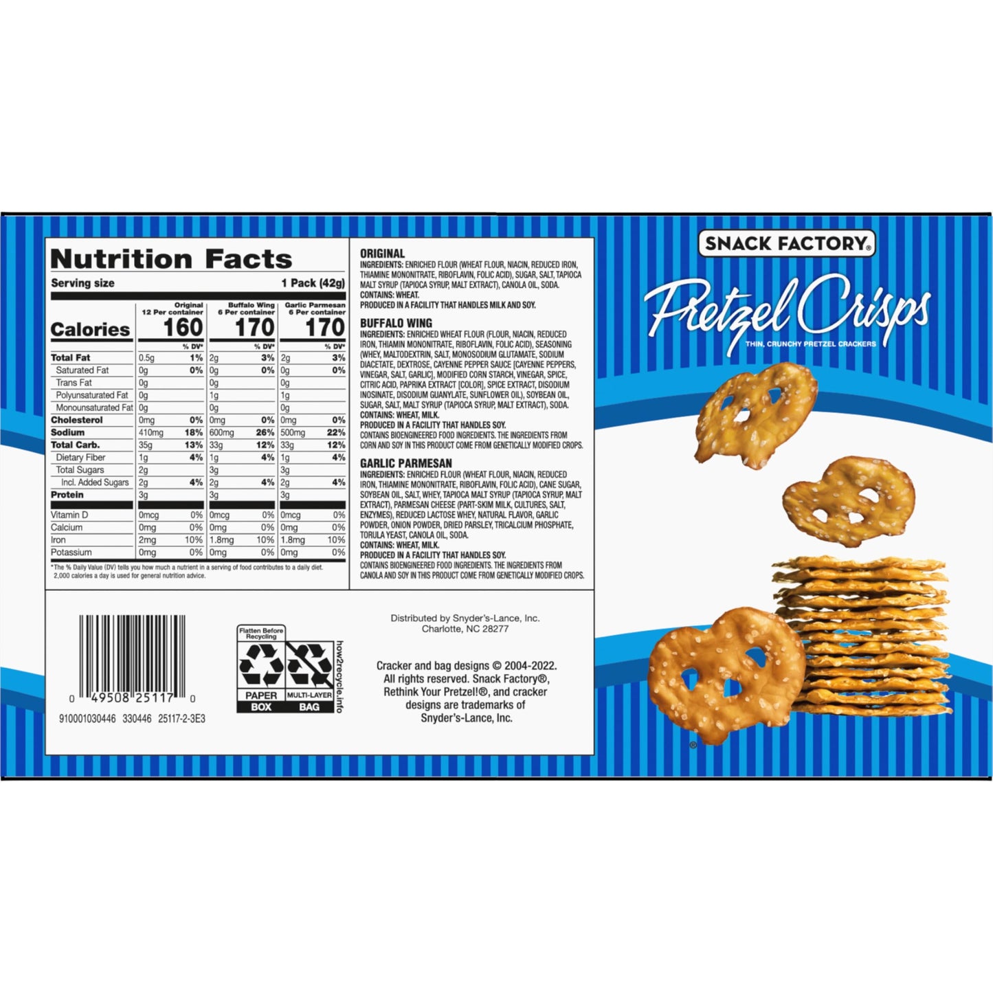 Snack Factory Pretzel Crisps, Original, 1 Oz Snack Bags, 10 Ct, Pareve
