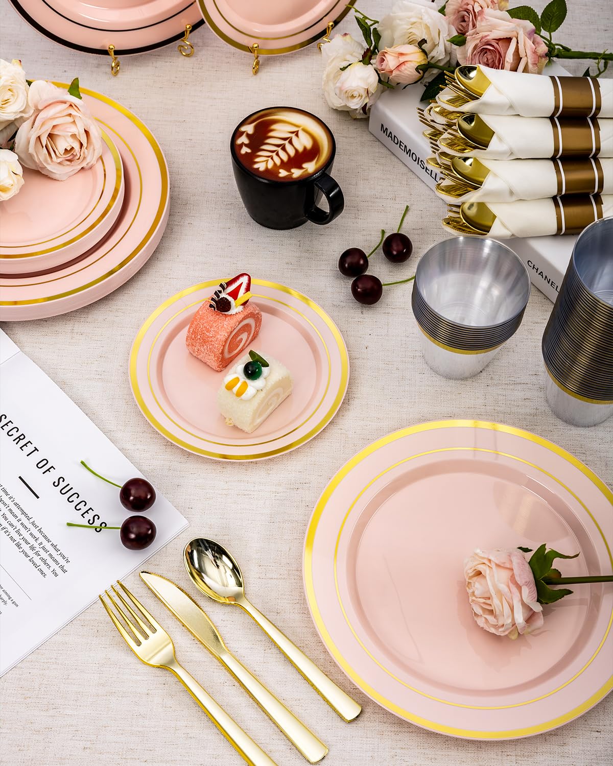 350PCS Gold Plastic Disposable Dinnerware Set, for 50 Guests, Include: 100 Plastic Plates, 50 Pre Rolled Napkins with Gold Silverware, 50 Cups