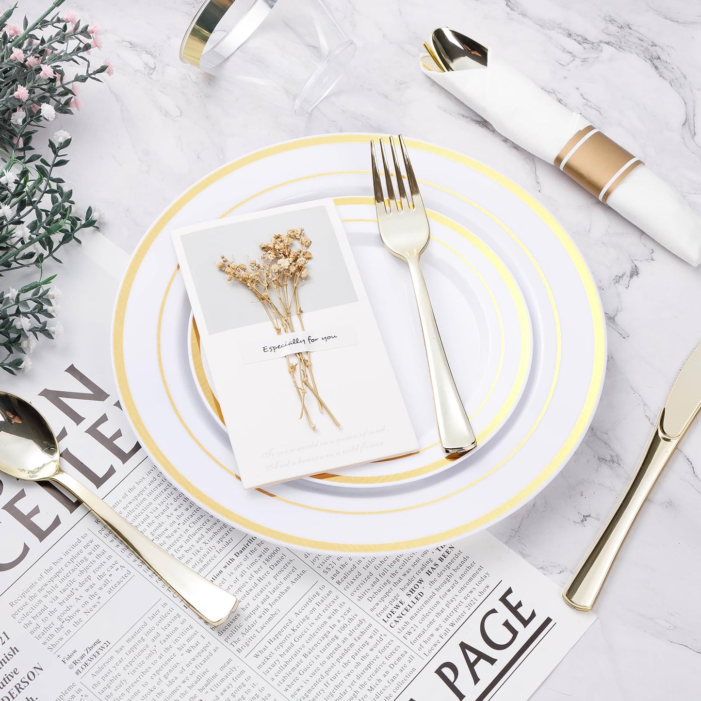 350PCS Gold Plastic Disposable Dinnerware Set, for 50 Guests, Include: 100 Plastic Plates, 50 Pre Rolled Napkins with Gold Silverware, 50 Cups