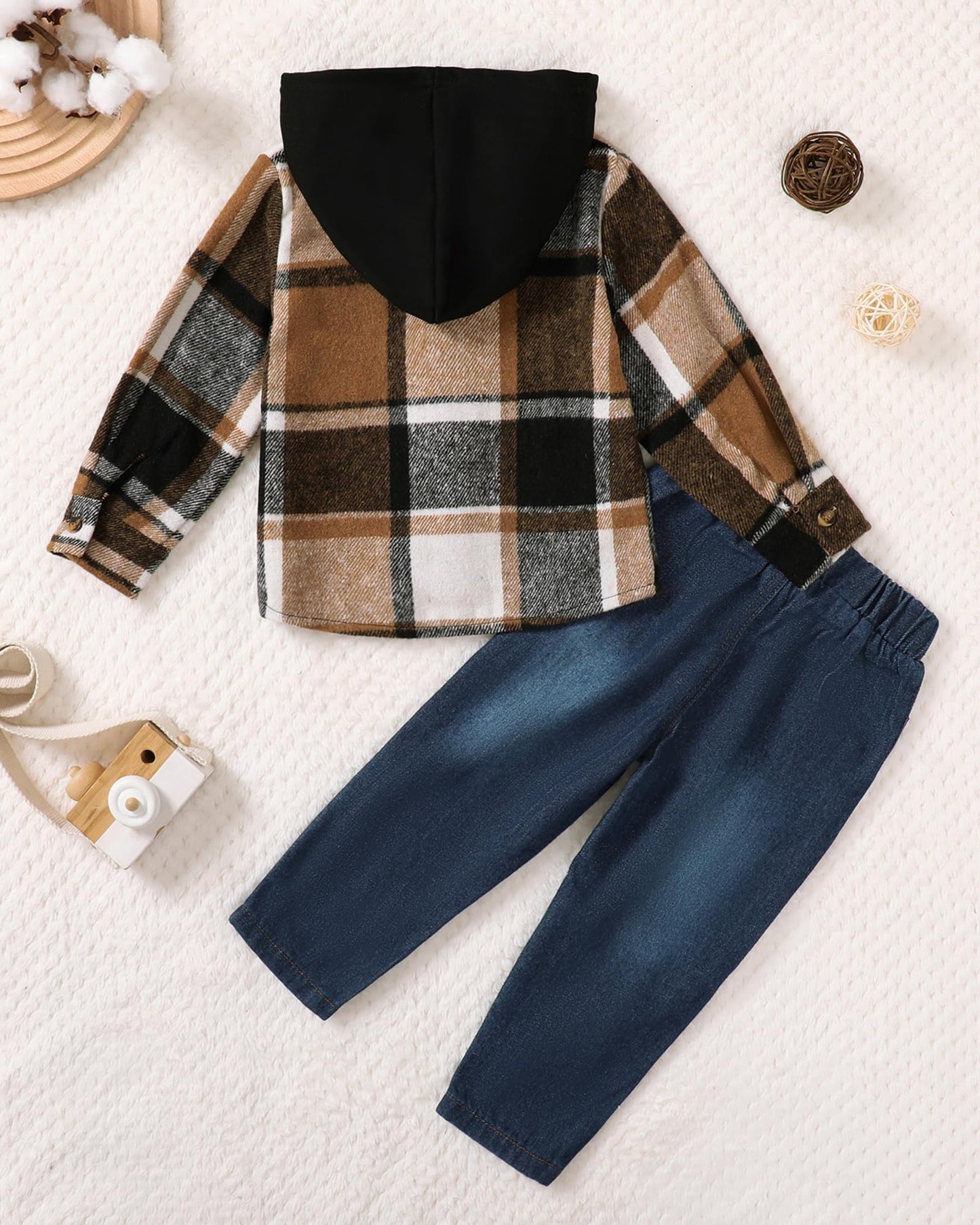 ZOEREA Toddler Baby Boys Clothes Outfits Kids Hoodie Flannel Shirts Set Plaid Hooded Tops +Jeans Pants Fall Winter 2-6T