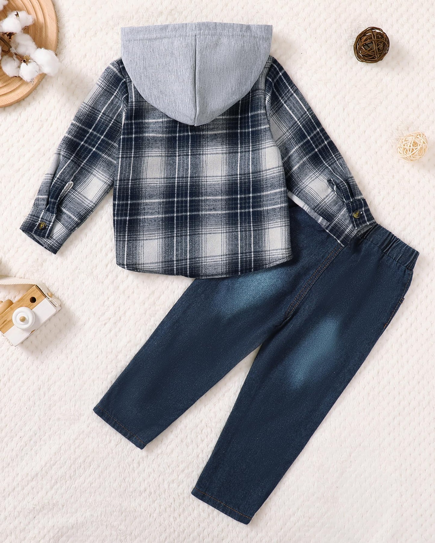 ZOEREA Toddler Baby Boys Clothes Outfits Kids Hoodie Flannel Shirts Set Plaid Hooded Tops +Jeans Pants Fall Winter 2-6T