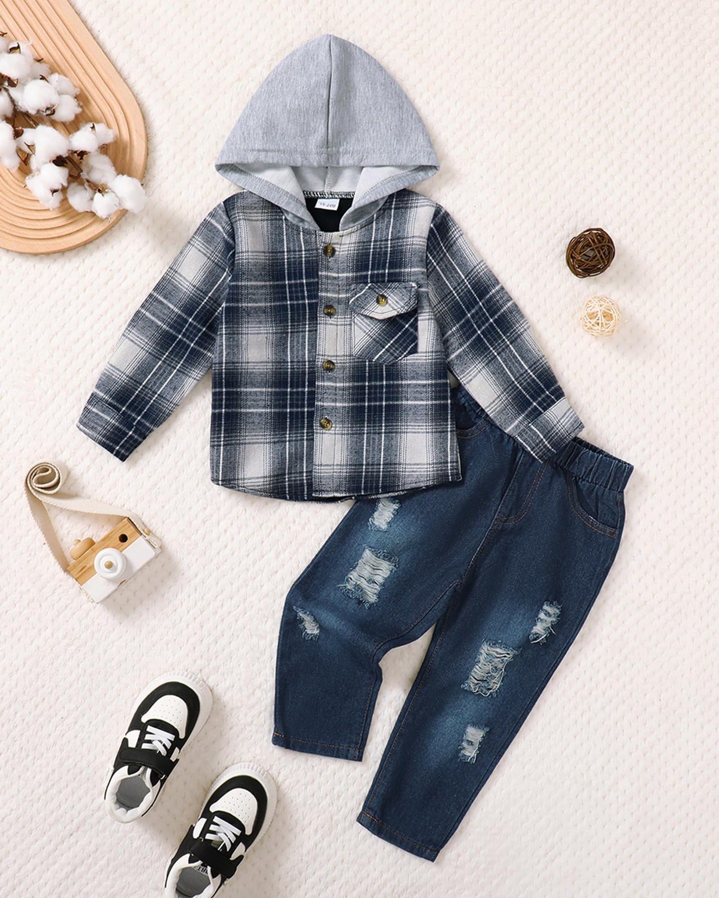 ZOEREA Toddler Baby Boys Clothes Outfits Kids Hoodie Flannel Shirts Set Plaid Hooded Tops +Jeans Pants Fall Winter 2-6T