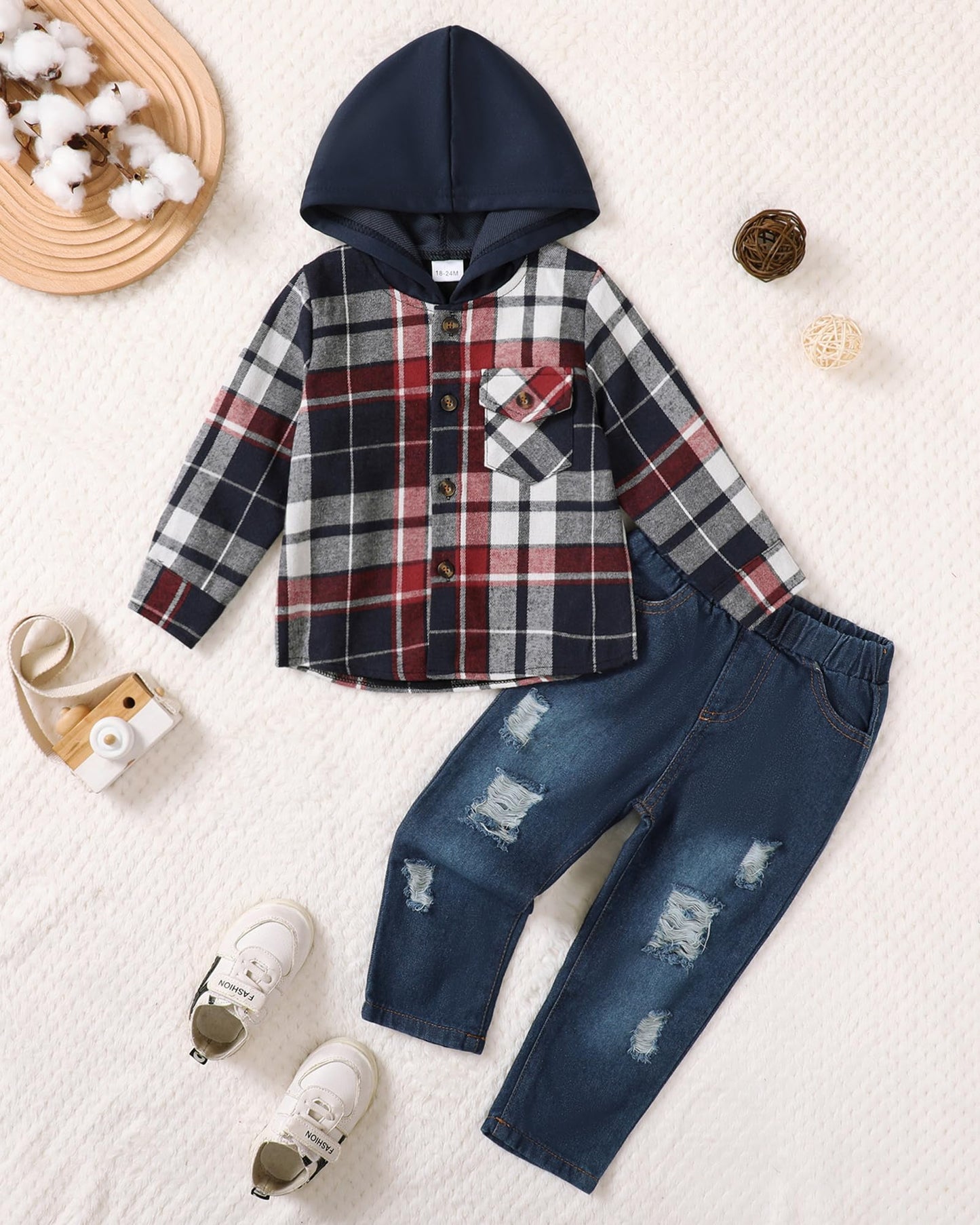 ZOEREA Toddler Baby Boys Clothes Outfits Kids Hoodie Flannel Shirts Set Plaid Hooded Tops +Jeans Pants Fall Winter 2-6T