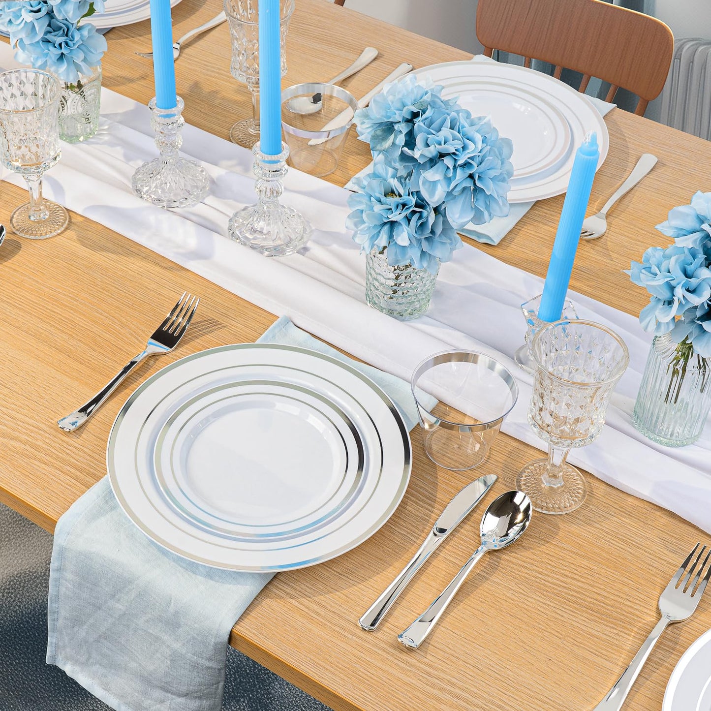 350PCS Gold Plastic Disposable Dinnerware Set, for 50 Guests, Include: 100 Plastic Plates, 50 Pre Rolled Napkins with Gold Silverware, 50 Cups