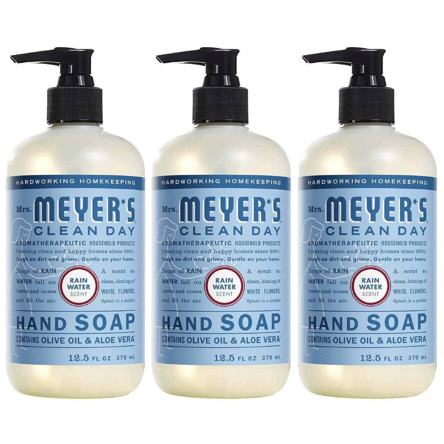 Pack of 3 MRS. MEYER'S CLEAN DAY Hand Soap, Made with Essential Oils, Biodegradable Formula, Rain Water
