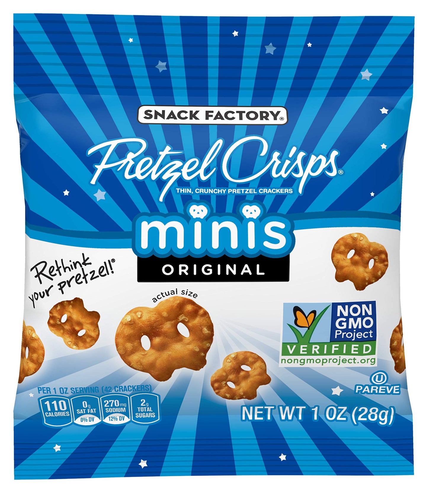 Snack Factory Pretzel Crisps, Original, 1 Oz Snack Bags, 10 Ct, Pareve
