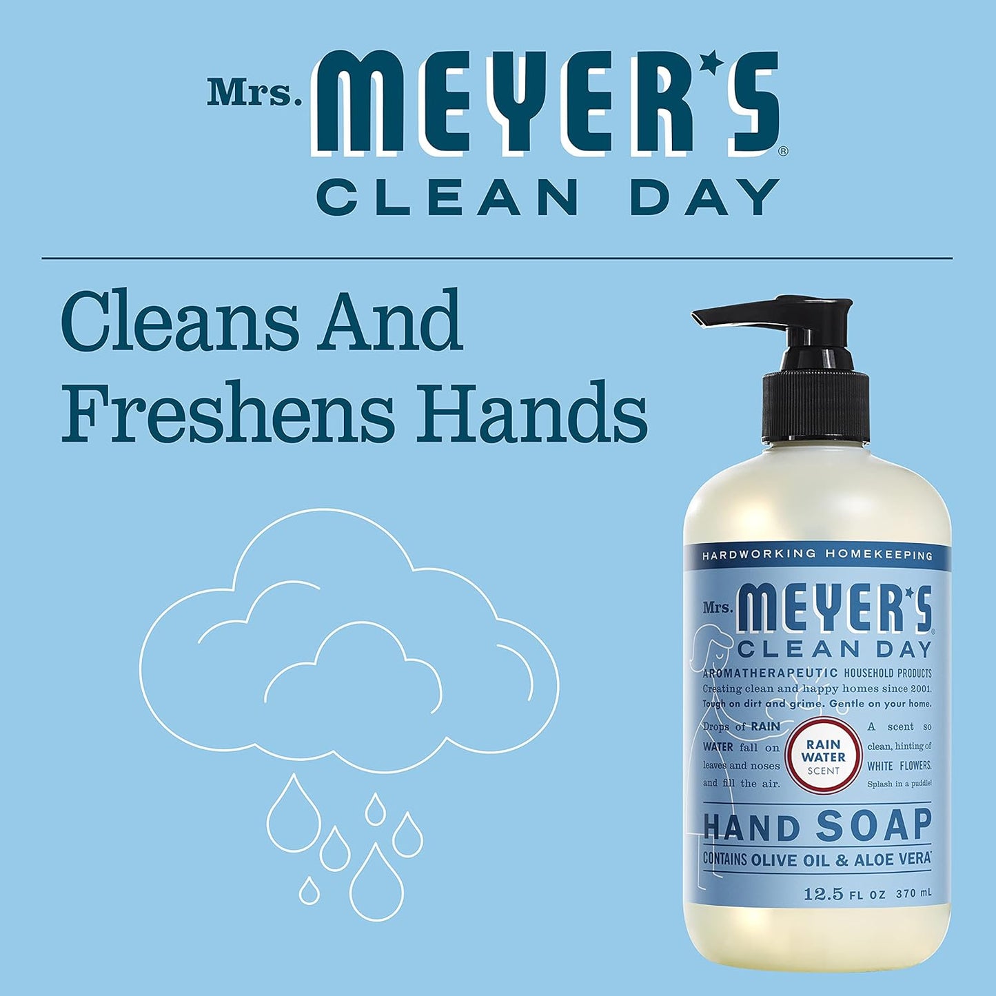 Pack of 3 MRS. MEYER'S CLEAN DAY Hand Soap, Made with Essential Oils, Biodegradable Formula, Rain Water