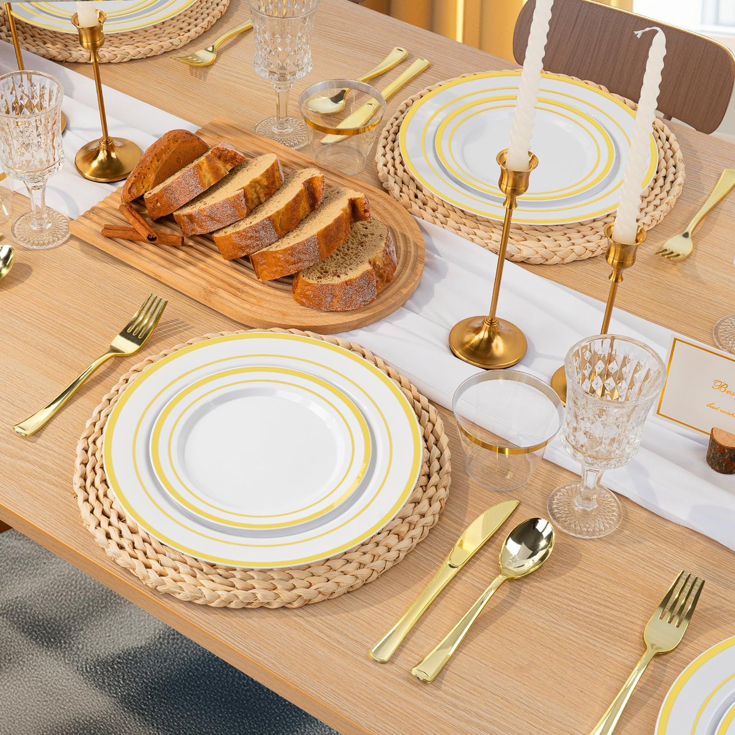 350PCS Gold Plastic Disposable Dinnerware Set, for 50 Guests, Include: 100 Plastic Plates, 50 Pre Rolled Napkins with Gold Silverware, 50 Cups