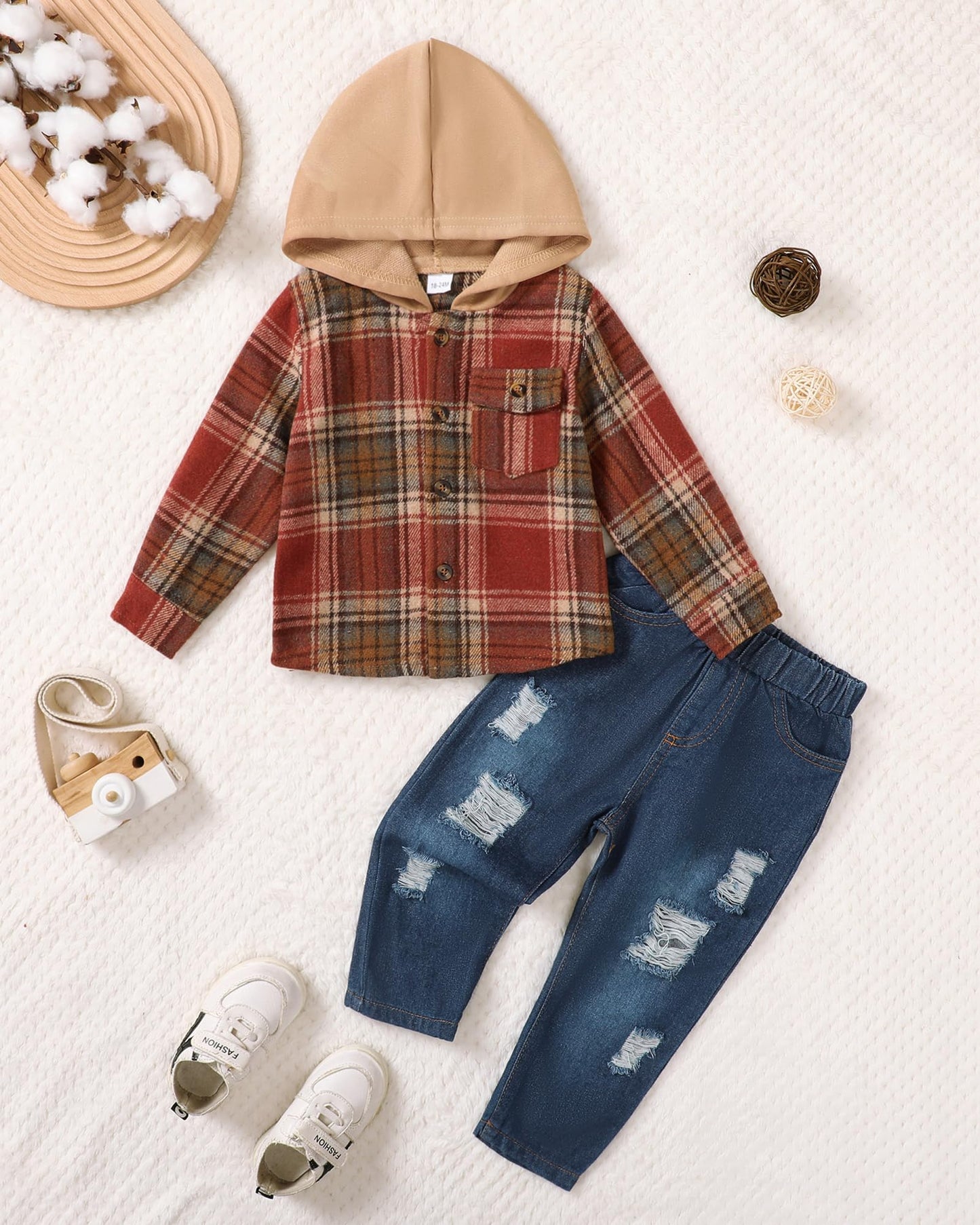 ZOEREA Toddler Baby Boys Clothes Outfits Kids Hoodie Flannel Shirts Set Plaid Hooded Tops +Jeans Pants Fall Winter 2-6T