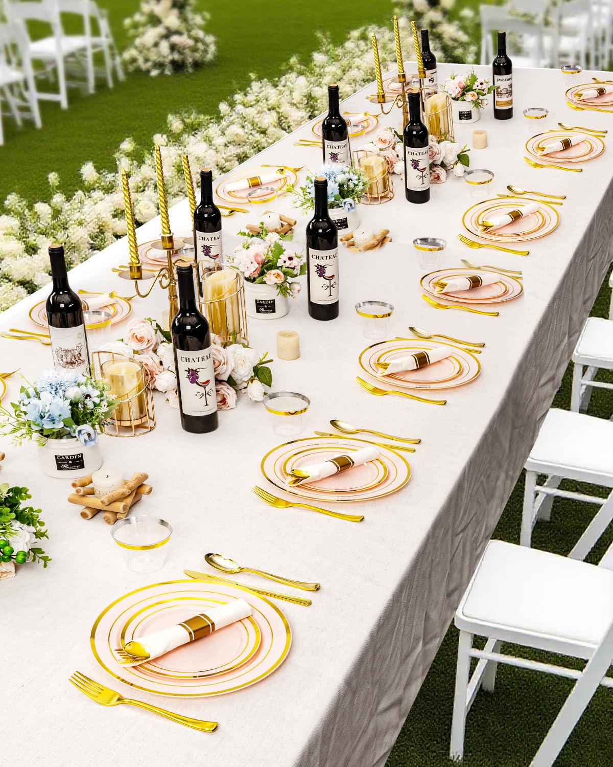 350PCS Gold Plastic Disposable Dinnerware Set, for 50 Guests, Include: 100 Plastic Plates, 50 Pre Rolled Napkins with Gold Silverware, 50 Cups