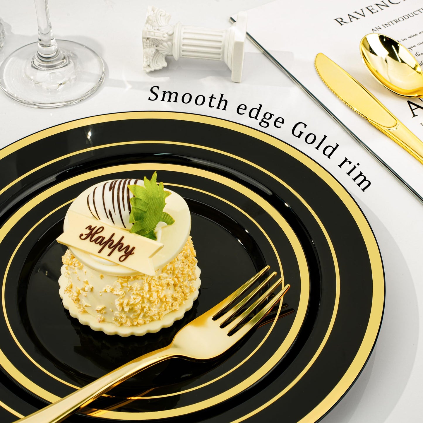 350PCS Gold Plastic Disposable Dinnerware Set, for 50 Guests, Include: 100 Plastic Plates, 50 Pre Rolled Napkins with Gold Silverware, 50 Cups