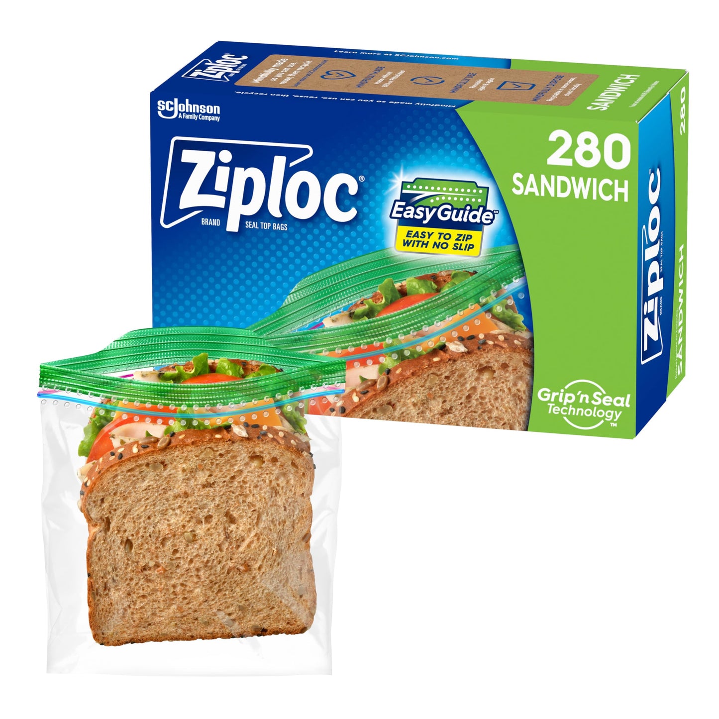 Ziploc Sandwich and Snack Bags, Storage Bags for On the Go Freshness, Grip 'n Seal Technology for Easier Grip, Open, and Close, 90 Count