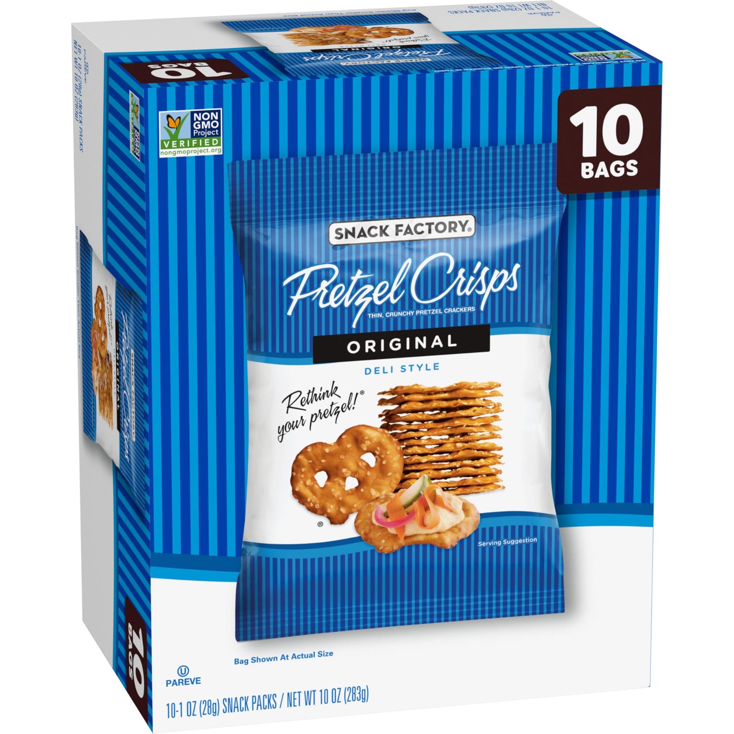 Snack Factory Pretzel Crisps, Original, 1 Oz Snack Bags, 10 Ct, Pareve
