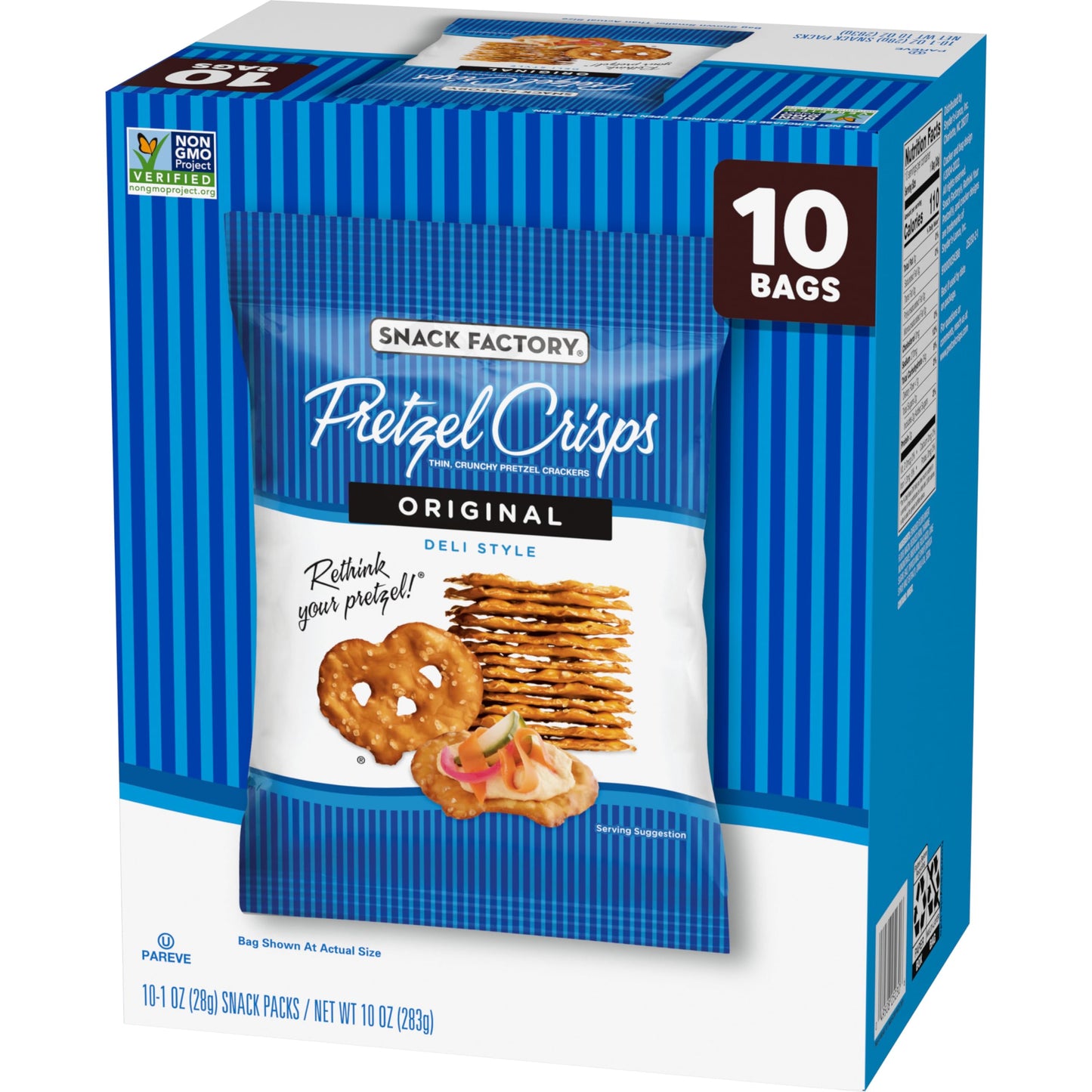 Snack Factory Pretzel Crisps, Original, 1 Oz Snack Bags, 10 Ct, Pareve