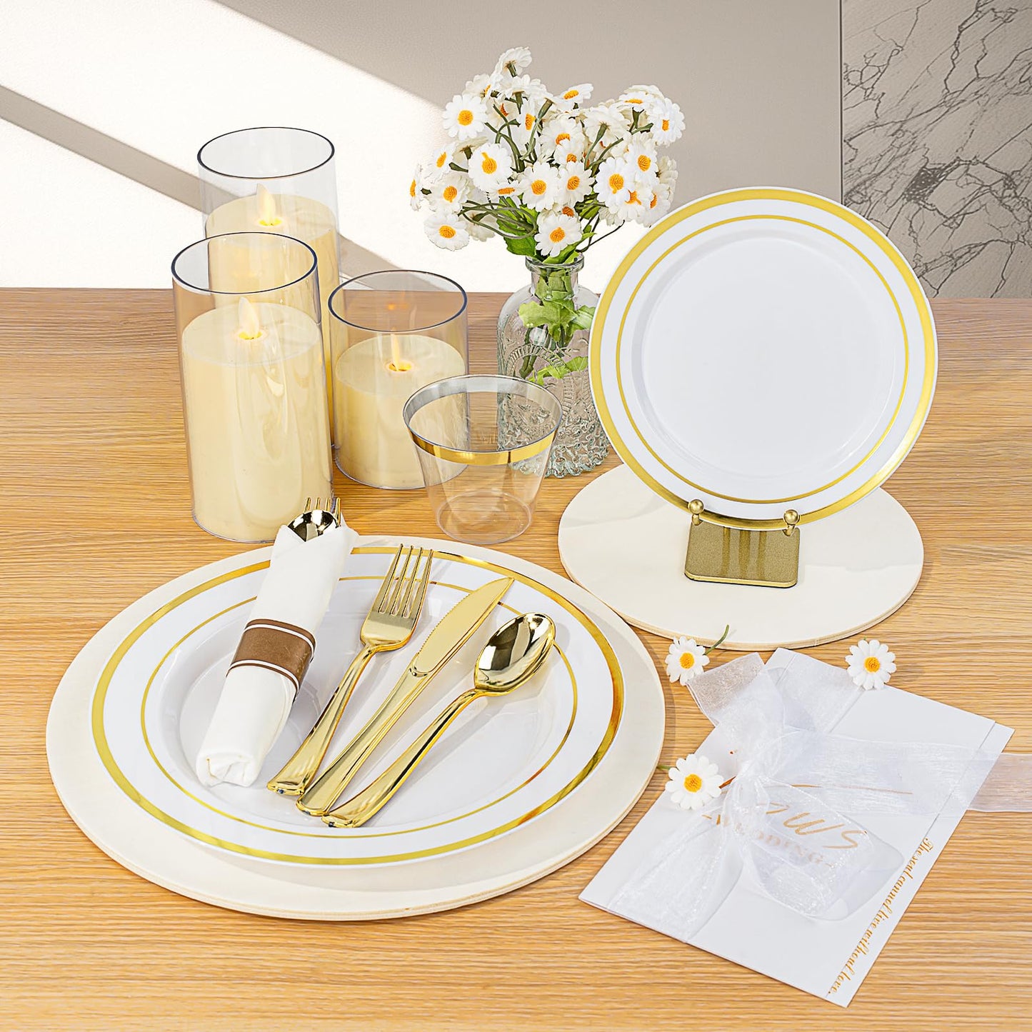 350PCS Gold Plastic Disposable Dinnerware Set, for 50 Guests, Include: 100 Plastic Plates, 50 Pre Rolled Napkins with Gold Silverware, 50 Cups