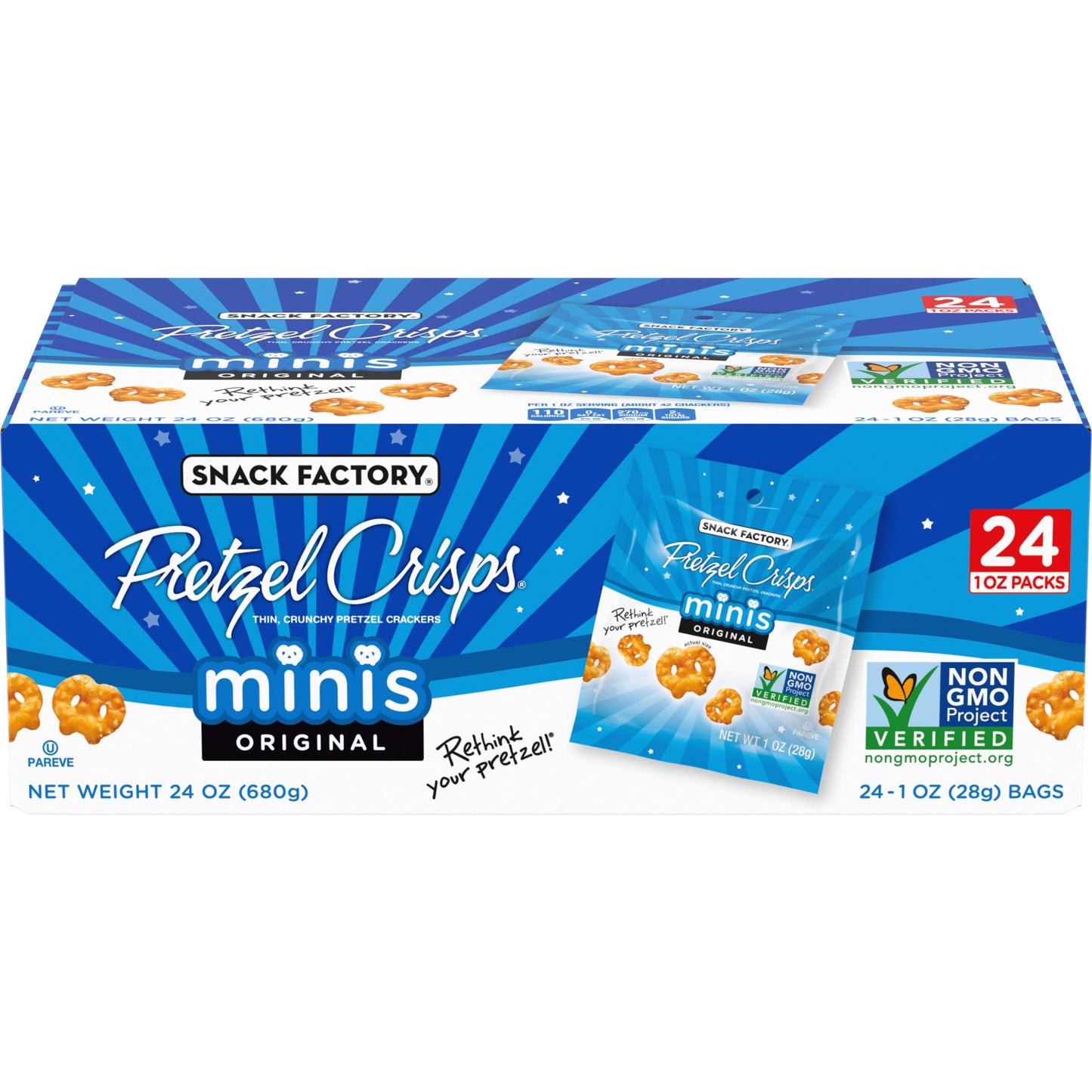 Snack Factory Pretzel Crisps, Original, 1 Oz Snack Bags, 10 Ct, Pareve