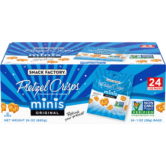 Snack Factory Pretzel Crisps, Original, 1 Oz Snack Bags, 10 Ct, Pareve