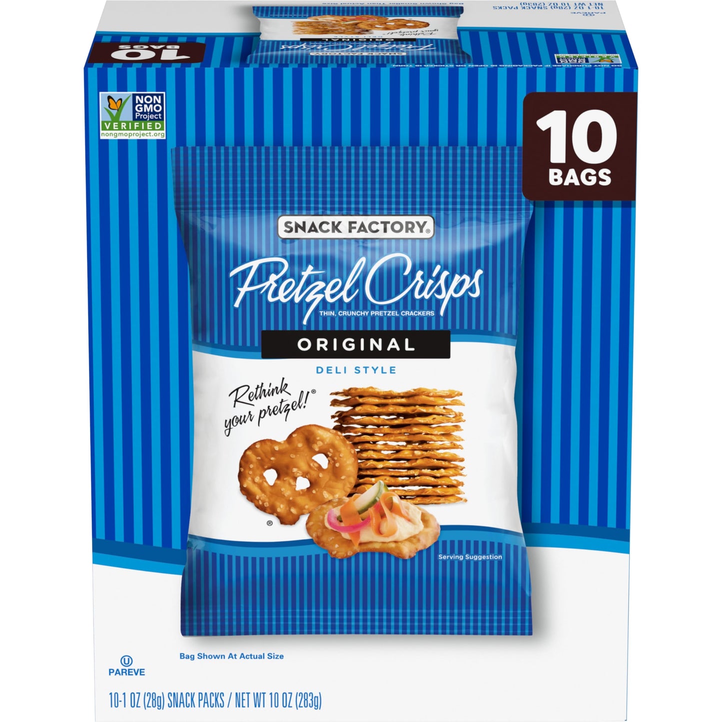 Snack Factory Pretzel Crisps, Original, 1 Oz Snack Bags, 10 Ct, Pareve