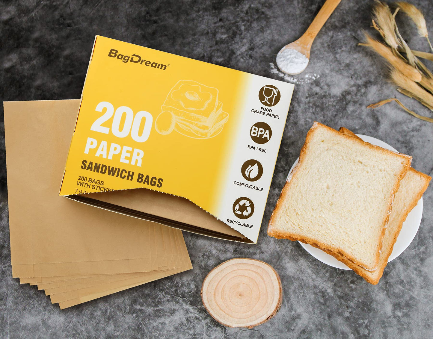 BagDream Paper Sandwich Bags 7.9x6.3x1.96 Inches 200ct Sealable with Thank You Stickers