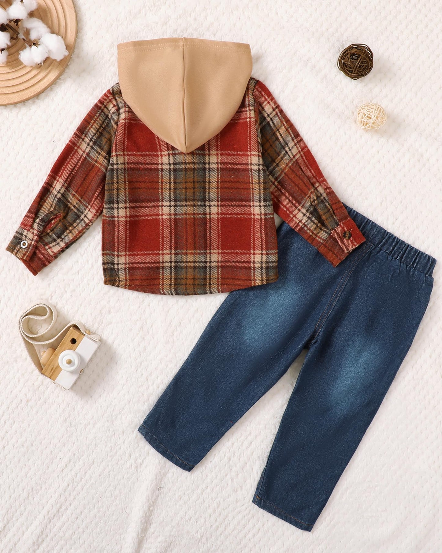 ZOEREA Toddler Baby Boys Clothes Outfits Kids Hoodie Flannel Shirts Set Plaid Hooded Tops +Jeans Pants Fall Winter 2-6T