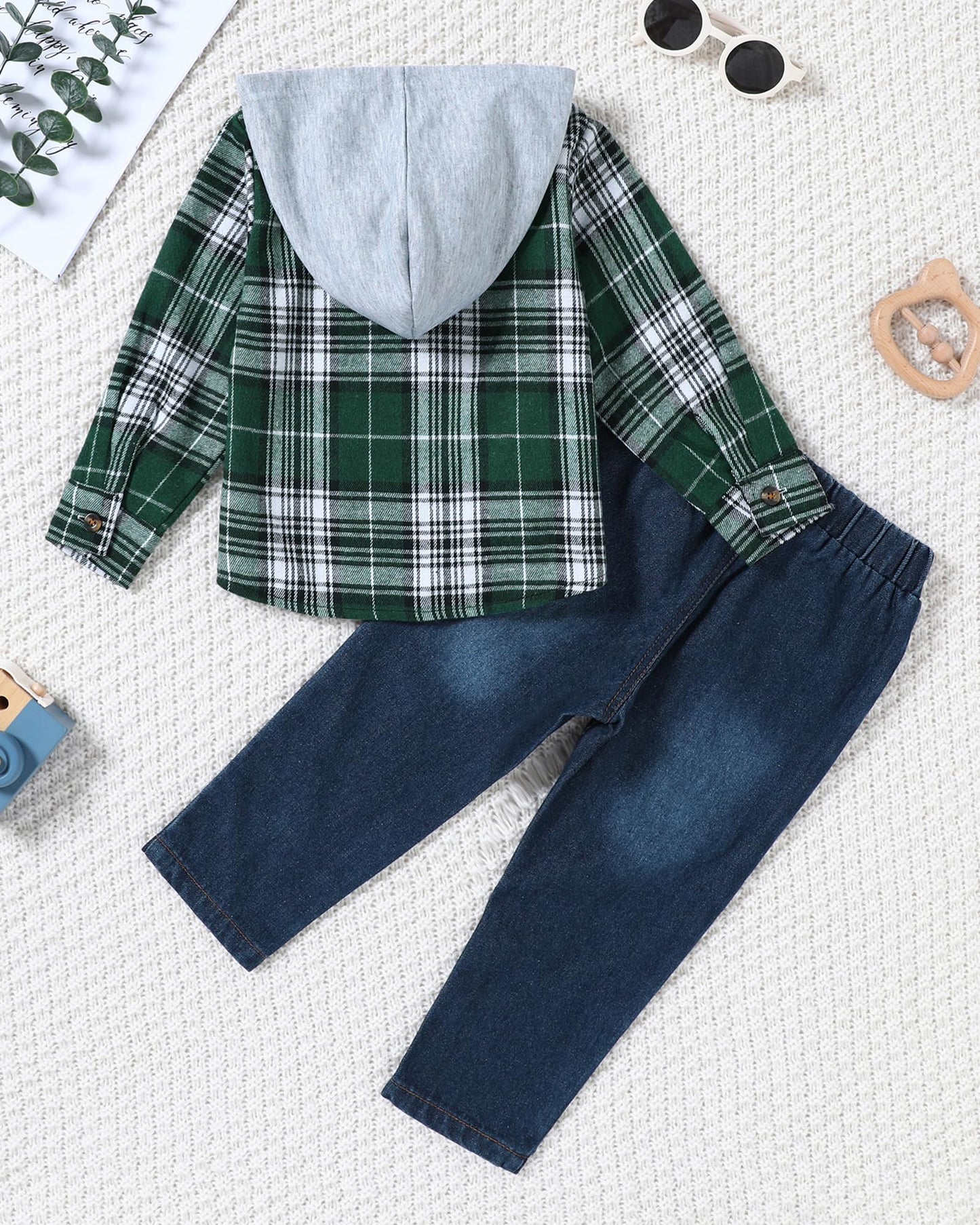 ZOEREA Toddler Baby Boys Clothes Outfits Kids Hoodie Flannel Shirts Set Plaid Hooded Tops +Jeans Pants Fall Winter 2-6T