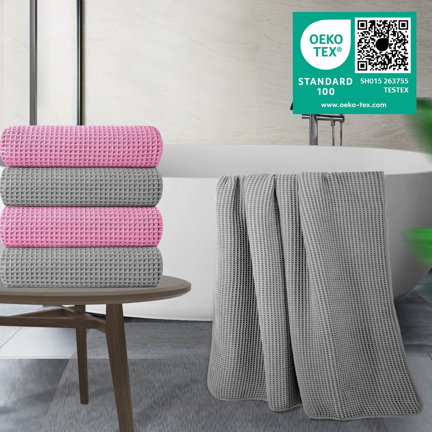 Microfiber Oversize Quick Dry Lint Free Bath Towel, 60 x 30 in, 4 Pack (Waffle Weave)