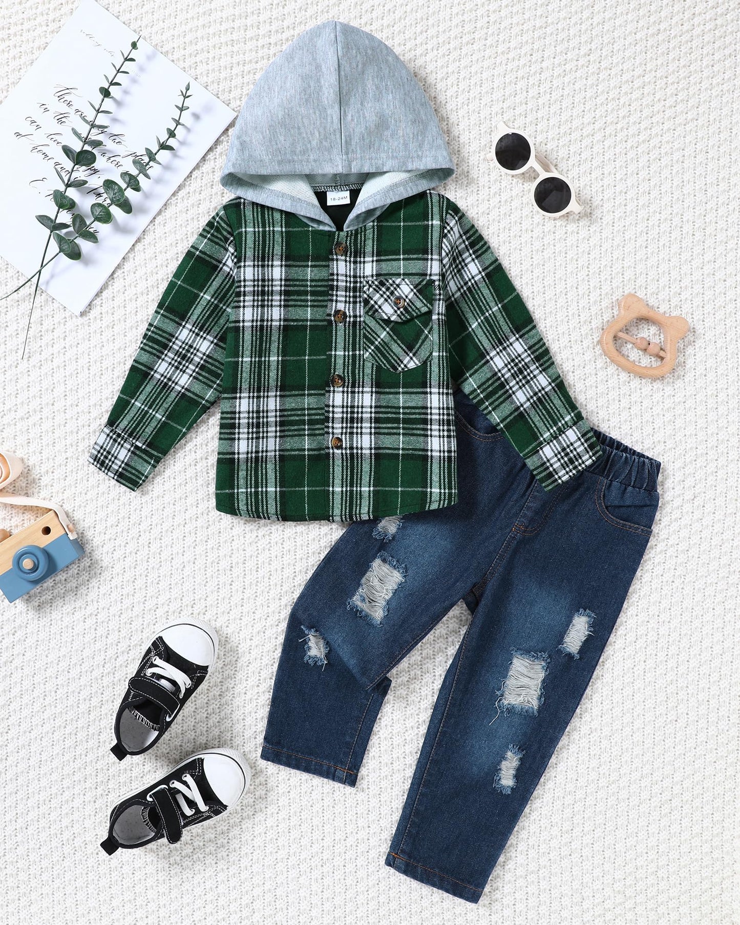 ZOEREA Toddler Baby Boys Clothes Outfits Kids Hoodie Flannel Shirts Set Plaid Hooded Tops +Jeans Pants Fall Winter 2-6T