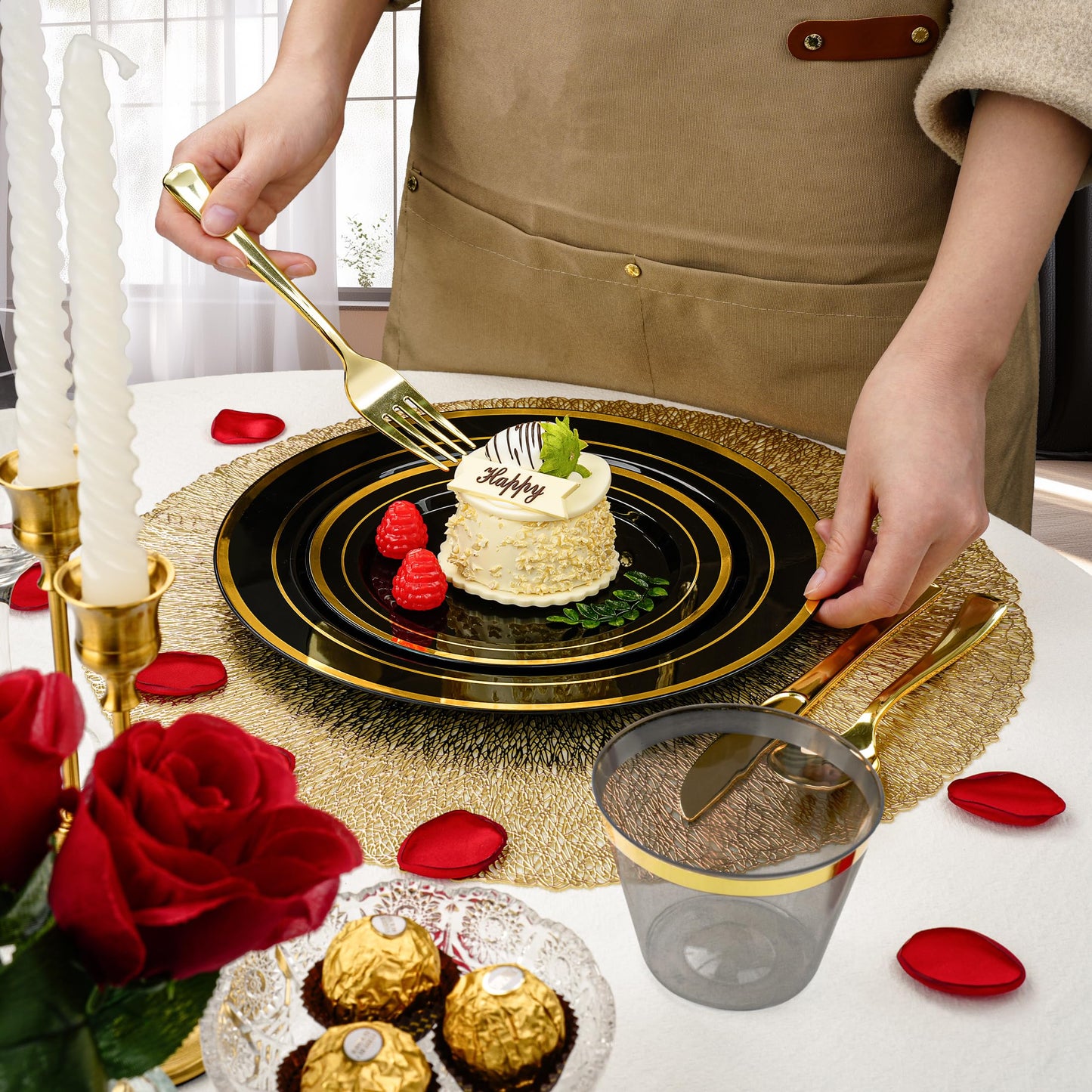 350PCS Gold Plastic Disposable Dinnerware Set, for 50 Guests, Include: 100 Plastic Plates, 50 Pre Rolled Napkins with Gold Silverware, 50 Cups