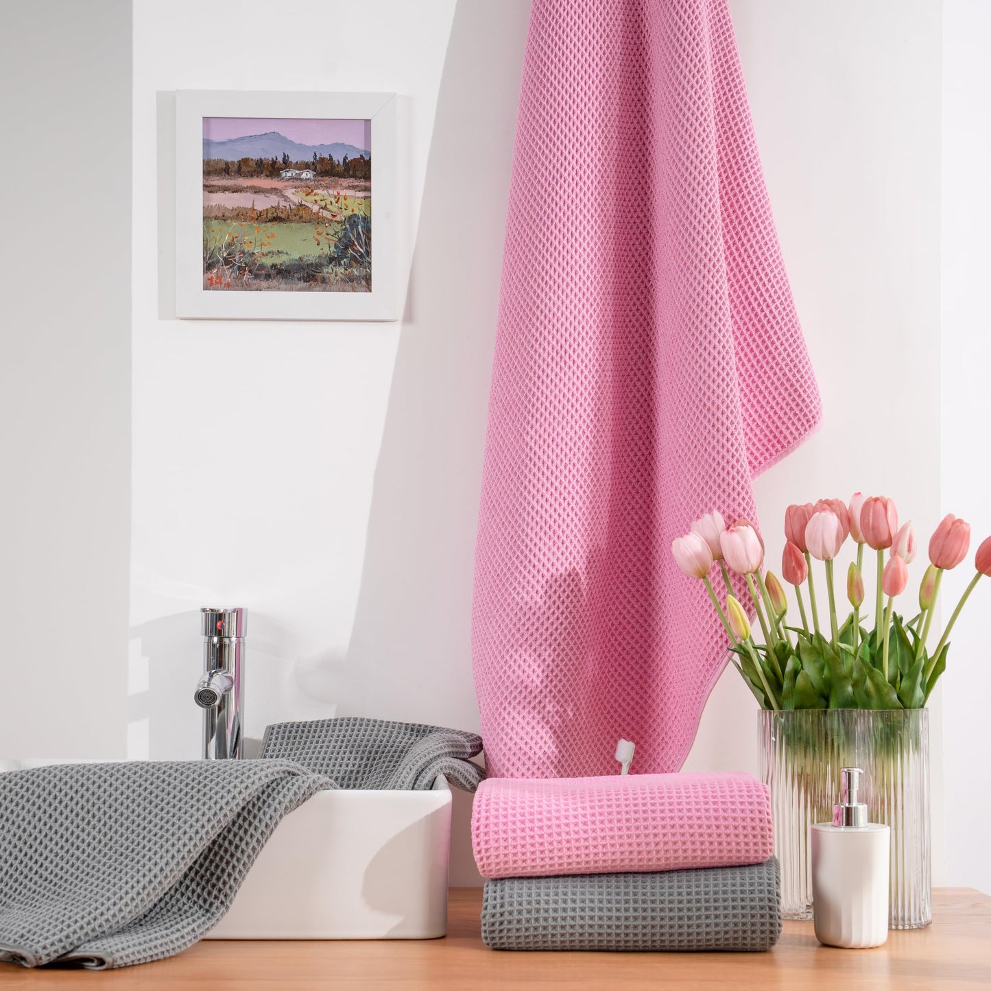 Microfiber Oversize Quick Dry Lint Free Bath Towel, 60 x 30 in, 4 Pack (Waffle Weave)