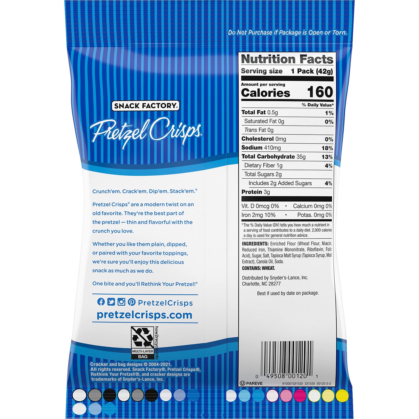 Snack Factory Pretzel Crisps, Original, 1 Oz Snack Bags, 10 Ct, Pareve