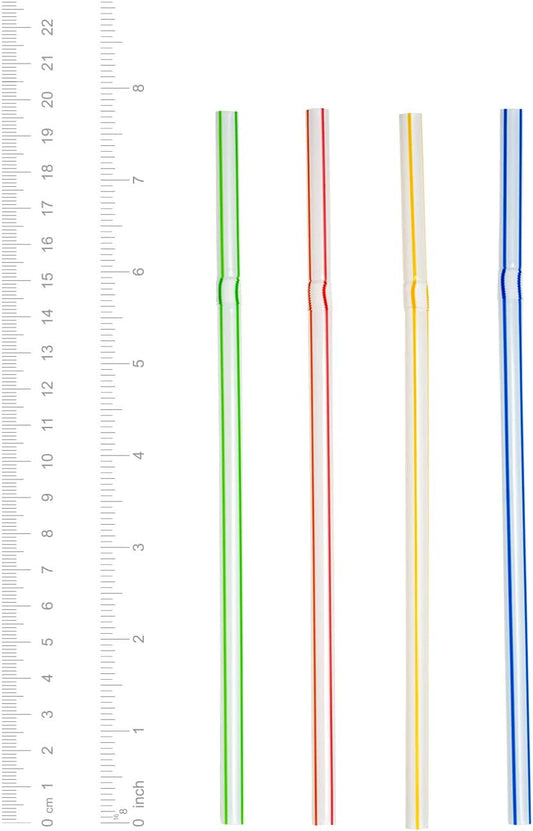 [200 Pack] Flexible Disposable Plastic Drinking Straws - 7.75" High - Assorted Colors Striped