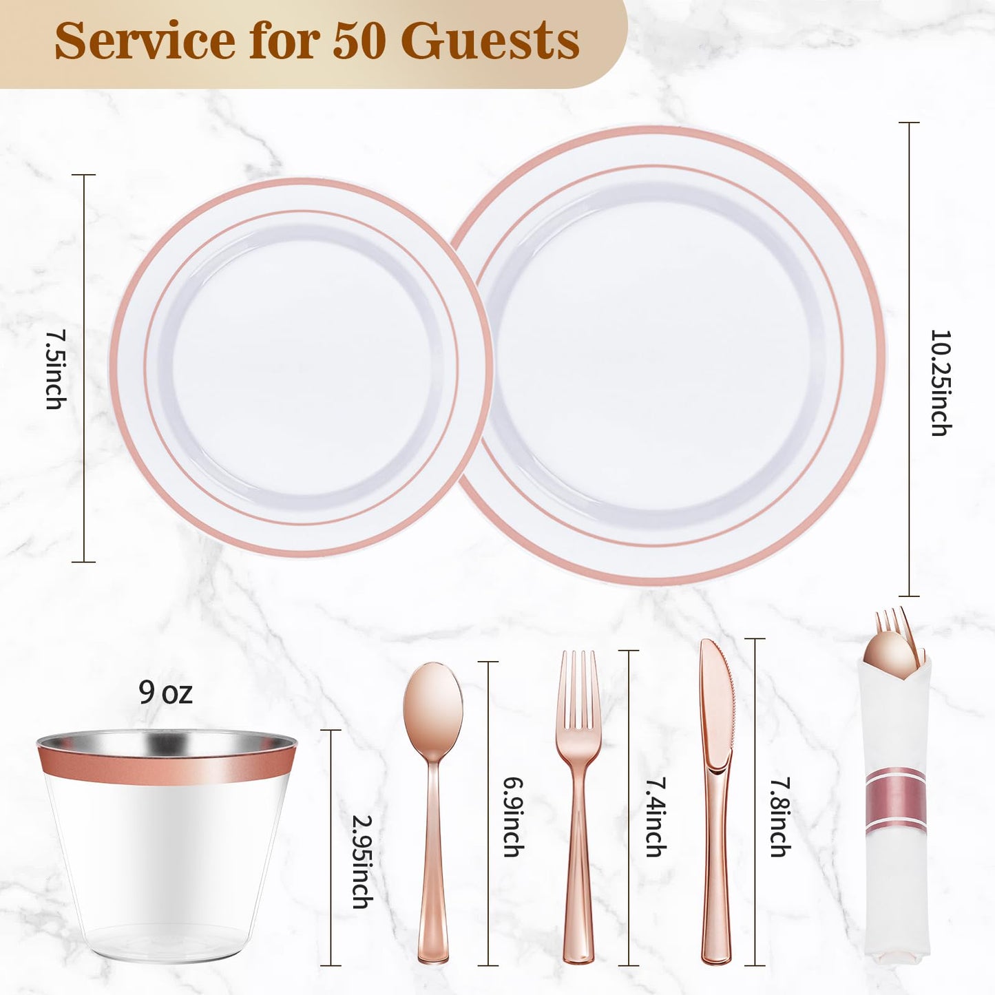 350PCS Gold Plastic Disposable Dinnerware Set, for 50 Guests, Include: 100 Plastic Plates, 50 Pre Rolled Napkins with Gold Silverware, 50 Cups