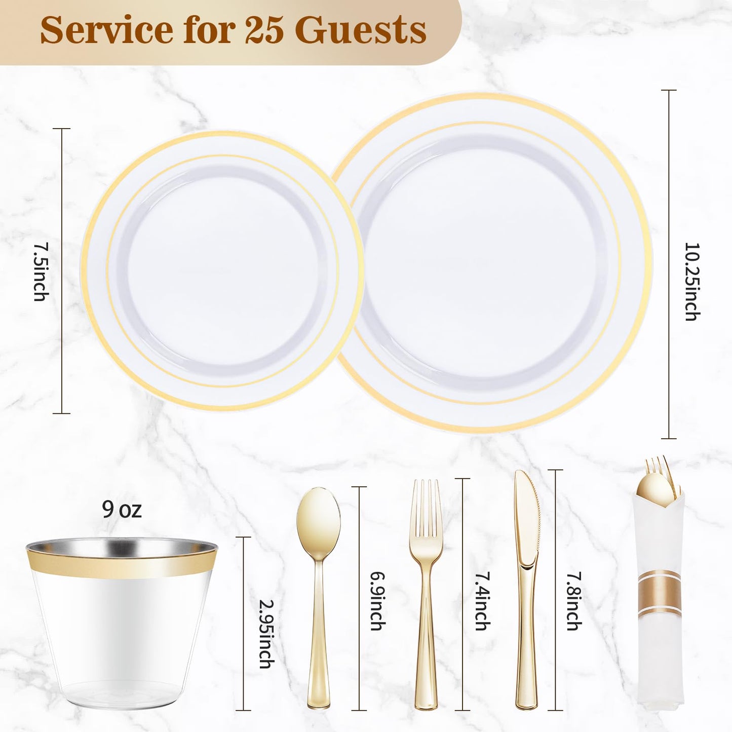 350PCS Gold Plastic Disposable Dinnerware Set, for 50 Guests, Include: 100 Plastic Plates, 50 Pre Rolled Napkins with Gold Silverware, 50 Cups