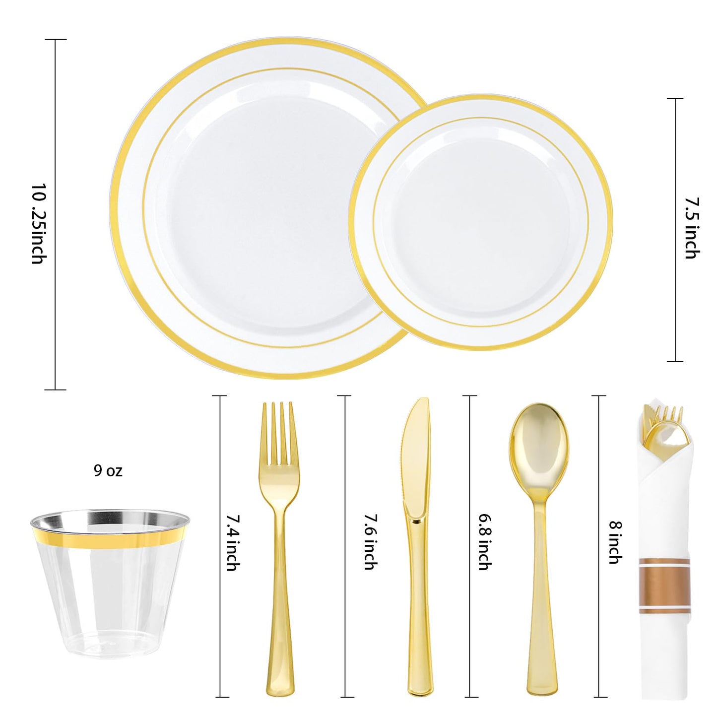 350PCS Gold Plastic Disposable Dinnerware Set, for 50 Guests, Include: 100 Plastic Plates, 50 Pre Rolled Napkins with Gold Silverware, 50 Cups