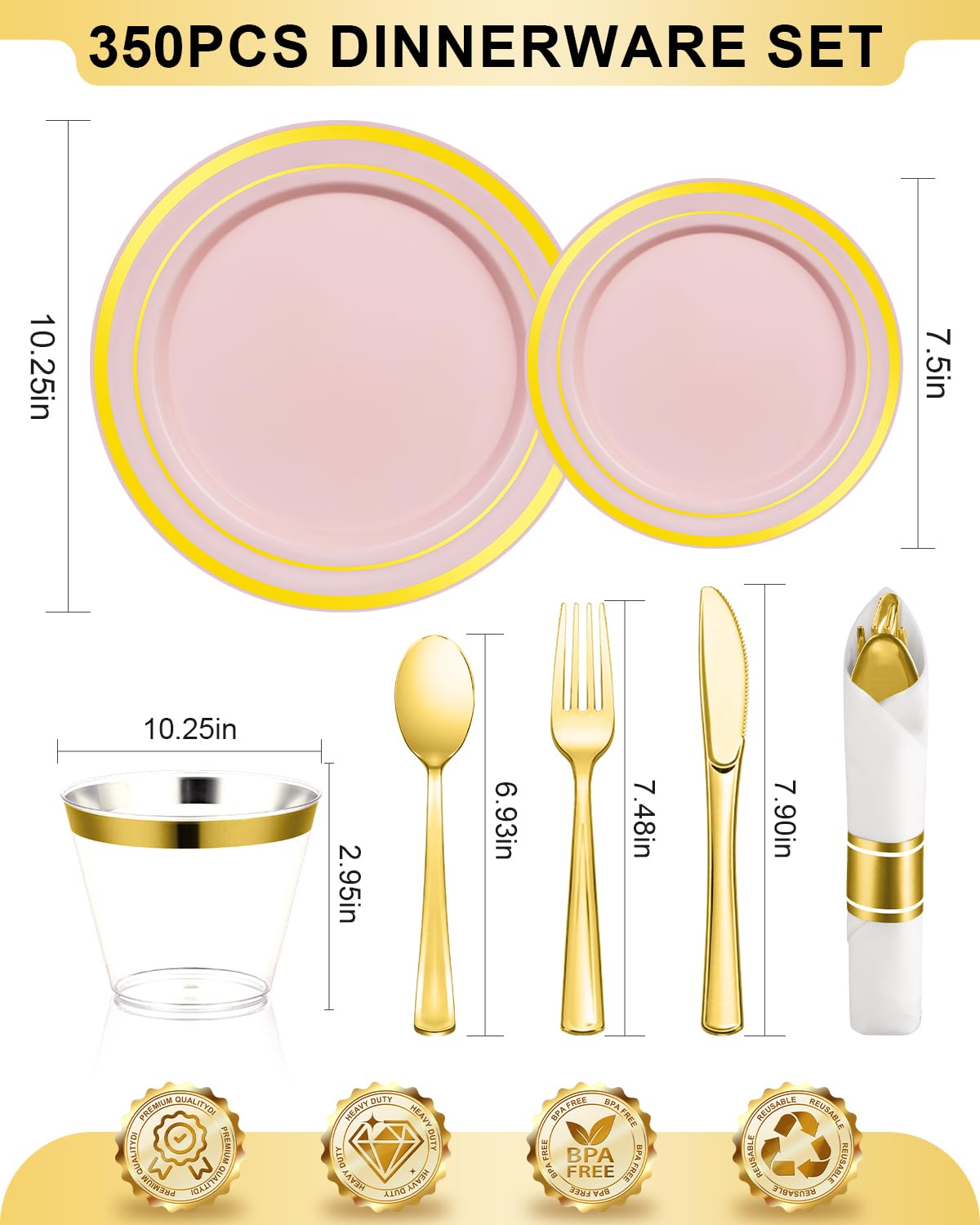 350PCS Gold Plastic Disposable Dinnerware Set, for 50 Guests, Include: 100 Plastic Plates, 50 Pre Rolled Napkins with Gold Silverware, 50 Cups