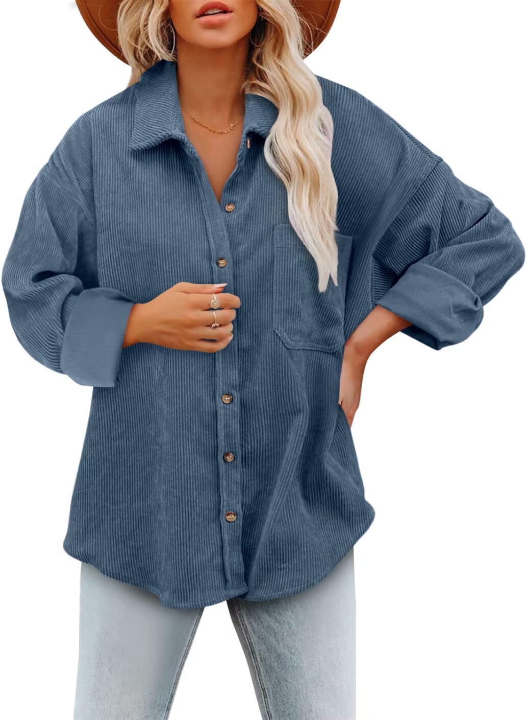 Magritta Womens Shirts Collared Long Sleeve V Neck Button Down Oversized Blouses Tops with Pockets