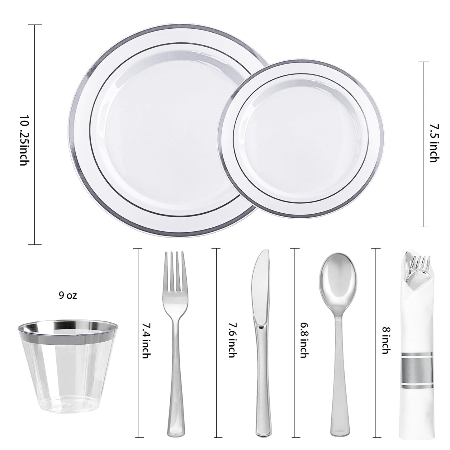 350PCS Gold Plastic Disposable Dinnerware Set, for 50 Guests, Include: 100 Plastic Plates, 50 Pre Rolled Napkins with Gold Silverware, 50 Cups