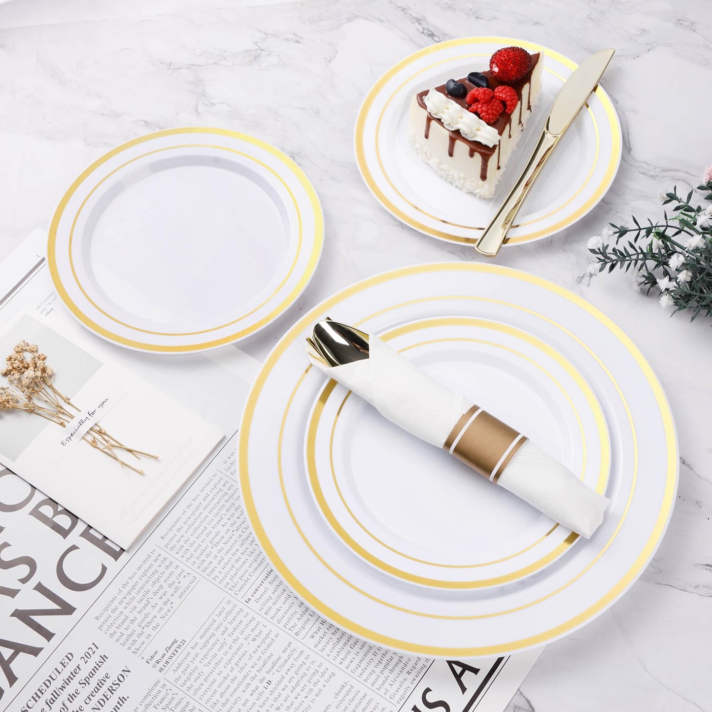350PCS Gold Plastic Disposable Dinnerware Set, for 50 Guests, Include: 100 Plastic Plates, 50 Pre Rolled Napkins with Gold Silverware, 50 Cups