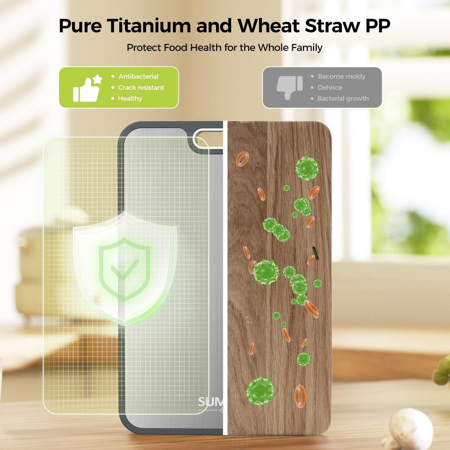 Double Sided Titanium Cutting Board and Wheat Straw, Food Grade, Easy to Clean